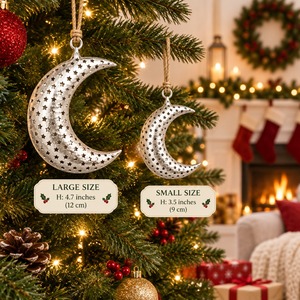 Ornement suspendu en forme de lune en métal argenté avec découpes en forme d'étoile, décoration de style vintage, décoration pour arbre de Noël - Product Image 4