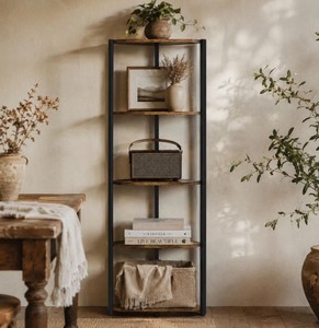 Modern Wooden Etagere Shelf 5-Tier Freestanding <b>Bookcase</b> Storage Rack for Living Room Home Furniture <b>Rustic</b> Design - Product Image 1