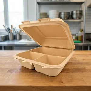 Contenedor Ecológico Biodegradable de Cartón Moldeado, Tipo Concha, 8x8, 3 Compartimentos, para Alimentos, Catering - Product Image 3