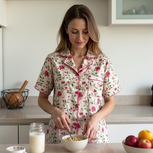 Conjunto de ropa de dormir de algodón puro elegante para mujer, tonos calmantes con auténtico estampado Jaal, pantalones cortos de artesanía ética, PJ Top - Product Image 3