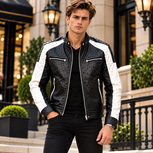 Chaqueta de Motociclista de Invierno para Hombre, de Piel de Vaca Repujada, con Cuello Alto, Chaqueta de Motocicleta de Cuero Premium - Product Image 3
