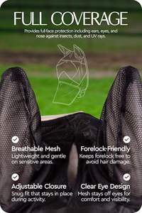 Masque anti-mouches pour chevaux, doux et extensible, avec oreilles, maille respirante, protection UV, couvre-yeux, noir et beige - Product Image 6