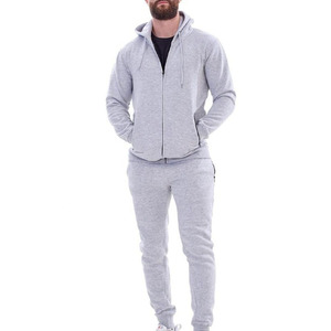 Men's Gray Full-<b>Zip</b> <b>Hooded</b> Tracksuit Set Solid Color Cotton Casual Jogging Suit With Side Pockets Autumn Wear - Product Image 5