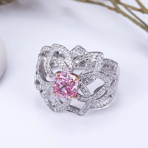 Flower Shape Pink Diamond Cocktail Ring Pave Setting 18K Solid Gold Women's Luxury Jewelry - Product Image 5