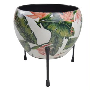 Pot de fleurs rond en métal doré de style élégant avec support en fer noir, jardinières d'extérieur pour la maison et le jardin - Product Image 4