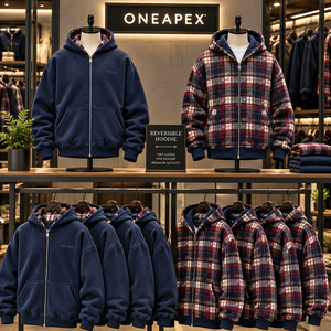 เสื้อแจ็คเก็ตฮู้ดซิปสีน้ำเงินกรมท่าแบบกลับด้านได้ ONEAPEX พร้อมโลโก้สั่งทำ ทรงโอเวอร์ไซส์ สตรีทแวร์ ผู้ผลิตขายส่ง - Product Image 3