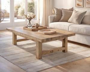 Table basse rustique en bois massif avec plateau rectangulaire épais, structure de support robuste et finition en bois naturel pour salon - Product Image 2