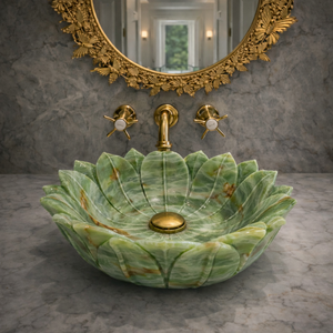 Lavabo de salle de bain de luxe en onyx vert en forme de lotus, vasque à poser en pierre naturelle pour comptoir de salle de bain - Product Image 3