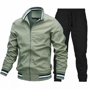 Ensemble de survêtement vert olive pour homme, veste à fermeture éclair à manches longues, couleur unie, avec pantalon noir, respirant, pour l'automne - Product Image 3