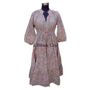 Vestido Midi de Algodón Hecho a Mano en India para Mujer, Estilo Línea A, Estampado Floral Hecho a Mano, Cómodo para Fiestas, Natural para el Verano - Product Image 1