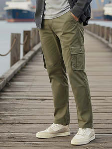 Pantalon cargo noir pour homme, coupe classique, couleur unie, avec poches, fermeture boutonnée, toutes saisons, vêtements décontractés pour l'extérieur - Product Image 3