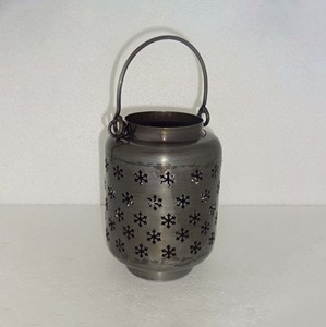 <b>Red</b> Metal Candle Lantern Cylindrical Globe Shape Perforated Floral Cutout Pattern Yellow Wire Arch Swing Handle Two <b>Tone</b> - Product Image 4