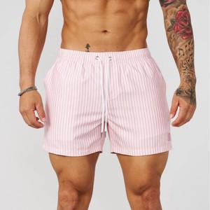 <b>Men's</b> <b>Pink</b> Striped Board <b>Shorts</b> Mid Waist Drawstring Closure Casual Wear Breathable 100% Polyester <b>Short</b> Length Custom Logo - Product Image 1