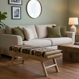 Banc ottoman pliable artisanal traditionnel style bohème géométrique en kilim, rembourré en laine et jute, écologique, du Rajasthan - Product Image 6