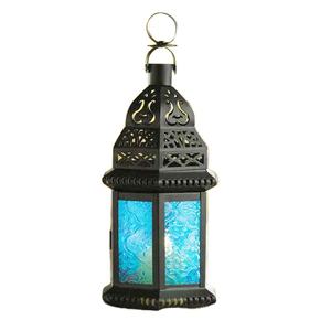 New Arrival Best Quality Blue Glass Design Iron <b>Candle</b> <b>Lantern</b> Handmade for Home Office Decorate <b>Black</b> Finished Color for - Product Image 1