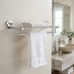 Porte-serviettes de salle de bain en acier inoxydable de qualité supérieure avec barre de suspension, fixation murale, étagère à serviettes multi-niveaux, finition chromée, robuste - Product Image 2