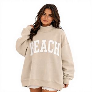 Sweat-shirt pull-over oversize à col montant et épaules tombantes pour femme, en tissu polaire doux, avec appliqué et broderie frontale, le plus vendu - Product Image 1