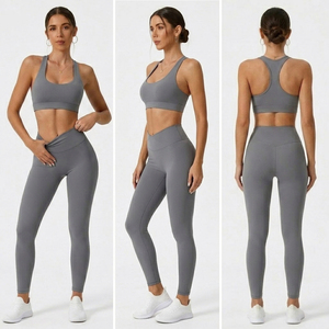Ensemble 2 pièces de sport pour femme : Haut de yoga dos nageur et Legging taille haute, séchage rapide, couleur unie, soutien-gorge de sport intégré, pantalon de compression en polyester 2 - Product Image 5