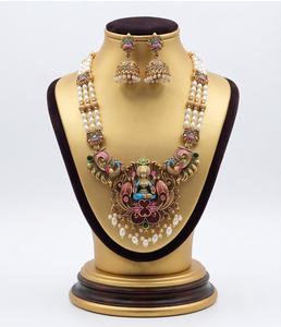 DIVYORO Goddess Lakshmi <b>Pearl</b> Haar Necklace & Earring <b>Set</b> Gold Plated Copper & Brass Women's Wedding Party Religious <b>Jewelry</b> - Product Image 1