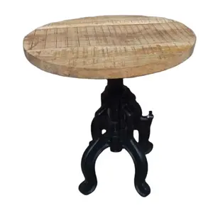 Cast Iron Crank Base Round Mango Wood Top Industrial Style Home Cafe Living Room Outdoor Restaurant Coffee Table