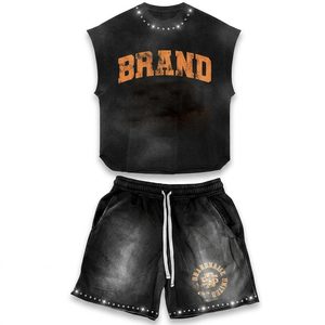 Women Sleeveless T Shirt And Short <b>Set</b> 180 GSM Cotton Polyester Blend Washed Black <b>Mesh</b> Shorts Custom Logo Print Women's <b>Sets</b> - Product Image 1