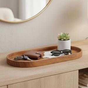 Plateau ovale en bois d'acacia, plateau de table basse, organisateur de bijoux, plateau de rangement polyvalent, plateau de service en bois fait main, plateau décoratif pour entrée - Product Image 1