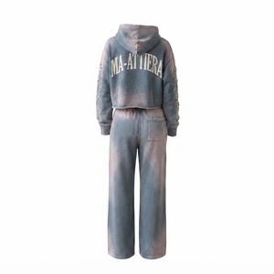 Custom Women Acid Wash Blue Gray <b>Cropped</b> Hoodie Wide Leg <b>Jogger</b> Set Cotton Fleece Rhinestone Tracksuit OEM Wholesale - Product Image 4