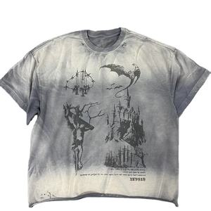 Camiseta Oversize Gris y Blanca con Gráfico de Dragón Estilo Gótico Smoky Wash para Hombre y Mujer 2026 - Top Streetwear HD - Product Image 1