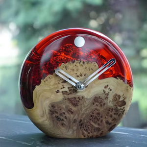 Handmade Burr Elm Wood <b>Clock</b> Red Epoxy Resin Desk Timepiece - Product Image 1