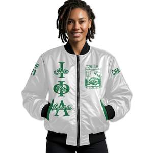 Chaqueta Universitaria Personalizada para Mujer Iota Phi Lambda, Blanca, con Escudo Griego en la Parte Delantera y Trasera, Número del Año, Cierre de Cremallera, Estilo Bomber - Product Image 1