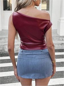 Top corto sin mangas de piel sintética estilo coreano para mujer, corte ajustado - Product Image 2