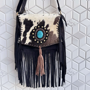 Nouvel Arrivage Sac à Main Bandoulière en Cuir Daim à Franges, Style Western avec Poil de Bovin, Ornements en Pierres, pour Femme, Design Unique - Product Image 1