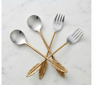 Ensemble de cuillères de service en métal avec design plume d'oiseau, manche doré en acier inoxydable, 2 pièces pour la cuisine - Product Image 1