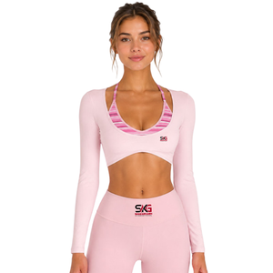 Conjunto Deportivo de Yoga de 2 Piezas para Mujer, Color Rosa, Top Corto de Manga Larga, Leggings de Cintura Alta, Spandex/Poliéster, Elástico en 4 Direcciones, Secado Rápido - Product Image 1