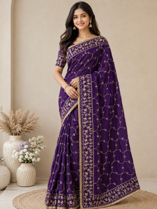 Sari en soie rouge brodé avec un motif floral doré pour femmes, tenue de mariage indienne pakistanaise traditionnelle, robe longue jusqu'au sol - Product Image 1