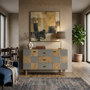 Aparador Moderno de Madera con Patrón de Bloques en Tablero de Ajedrez, Cajones de Roble Gris, Gabinetes con Tiradores de Latón, Muebles para Sala de Estar/Hogar - Product Image 4