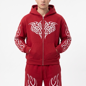 Heavyweight Oversized Trendy Red Full Zip <b>Tracksuit</b> Sweatpants Matching Set Unisex 100% Cotton Fleece Washed <b>Y2K</b> Gothic Grunge - Product Image 1