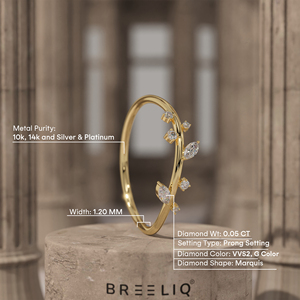 Anillo de Oro Sólido de 14K Inspirado en la Naturaleza con Diamantes Cultivados en Laboratorio en Forma de Marquesa y Redondos, Diseño Delicado de Rama de Hoja - Product Image 2