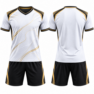 Conjunto de Uniforme de Fútbol Personalizado al por Mayor para Hombre, Camiseta de Fútbol Blanca, Dorada y Negra con Cuello en V, Uniforme de Poliéster para Clubes y Equipos - Product Image 3