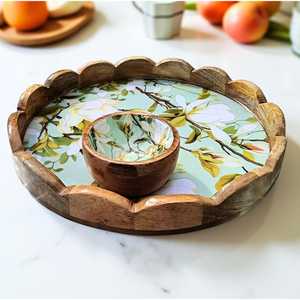 Plateau de service en bois floral et bol festonné, assiette décorative ronde, passe au lave-vaisselle, pour la décoration de table de mariage - Product Image 6