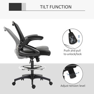 Sedia da Ufficio Alta per Disegno Tecnico con Supporto Lombare, Braccioli Ribaltabili, Poggiapiedi Regolabile, Seduta Nera, Altezza Regolabile - Product Image 6