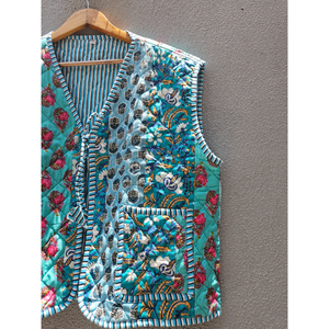 Chaleco acolchado de algodón con diseño patchwork, sin mangas, con cordón ajustable, bolsillo frontal, informal, unisex, para regalo. - Product Image 3