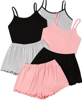 Ensemble pyjama 2 pièces pour femme en jersey couleur unie, printemps-été, avec débardeur à fines bretelles et short à volants, taille élastique, thermique et décontracté