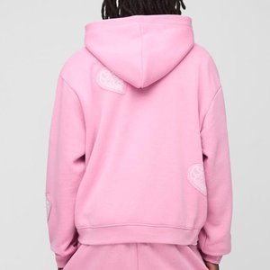 Men's <b>Pink</b> Heart Applique Hooded <b>Tracksuit</b> Set Full Sleeve Zipper Casual Joggers With Side Pockets Loose Fit Adult Spring Wear - Product Image 4