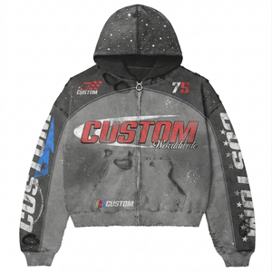 Custom Heavyweight Men's Zip up Oversized Distressed Rhinestone Color Blocked Heavyweight Patchwork Cropped Boxy Hoodies for Men - Product Image 1