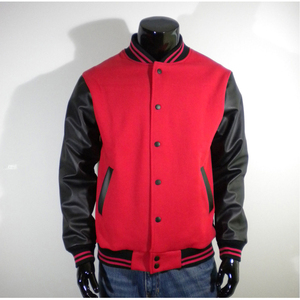 Veste universitaire rouge pour homme avec manches en cuir PU noir, col rabattu, fermeture éclair, vêtement décontracté pour l'automne - Product Image 1
