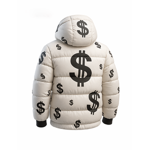 Blouson matelassé à capuche blanc pour homme avec imprimé dollar, manteau d'hiver style streetwear, vêtement d'extérieur chaud, vente en gros - Product Image 6