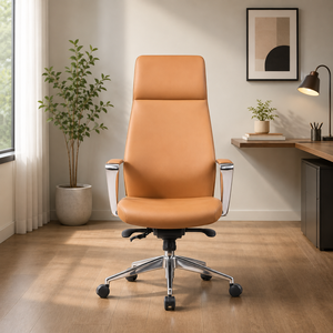 Chaise de bureau à dossier haut en cuir PU avec base pivotante chromée, accoudoirs réglables, design ergonomique exécutif, style contemporain - Product Image 1
