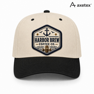 Casquette de baseball brodée Harbor Brew Coffee Co., unisexe, décontractée, beige avec visière noire, logo brodé à la main - Product Image 1