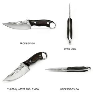 Cuchillo utilitario forjado OEM personalizado para exteriores, hoja de punta caída con espina esculpida, mango de madera dura oscura natural, pasadores de acero inoxidable, anillo para el dedo. - Product Image 2